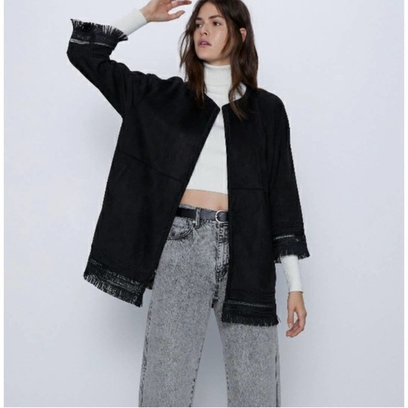 ZARA Faux Suede Fringed Trim Boho Jacket in Black Medium Women’s Festival - Picture 15 of 15
